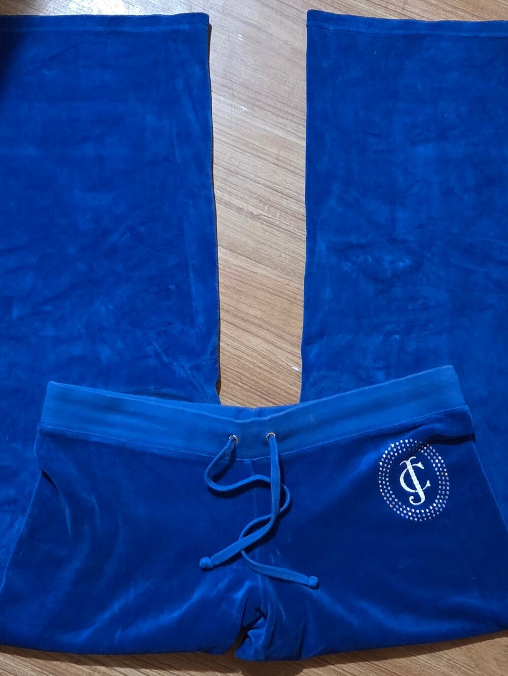 Juicy Couture Y2K Rhinestone Bling Royal Blue Velour Flared Sweatpants Size XL